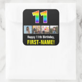 11誕生日：レインボー「11」、写真カスタムと名前 スクエアシール (バッグ)