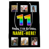 11誕生日：レインボー「11」、写真カスタムと名前 ミディアムペーパーバッグ (正面)