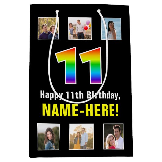 11誕生日:レインボー「11」、写真カスタムと名前 ミディアムペーパーバッグ (正面)