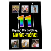 11誕生日:レインボー「11」、写真カスタムと名前 ミディアムペーパーバッグ (裏面)