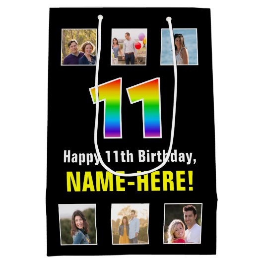 11誕生日：レインボー「11」、写真カスタムと名前 ミディアムペーパーバッグ (裏面)