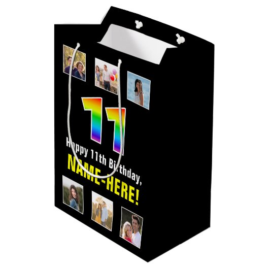 11誕生日：レインボー「11」、写真カスタムと名前 ミディアムペーパーバッグ (裏面アングル)