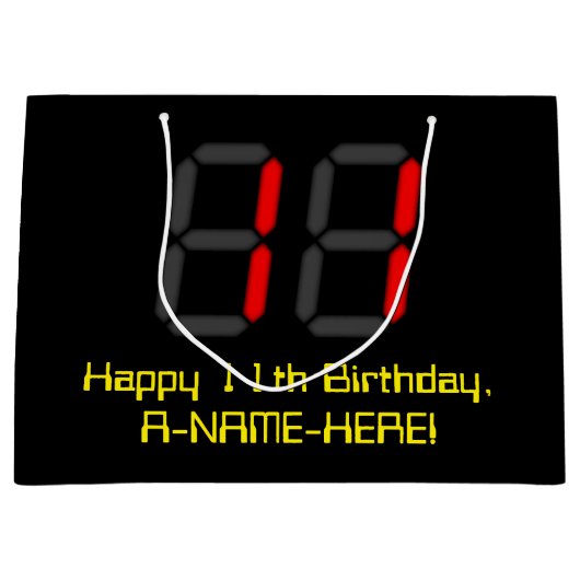 11誕生日:レッドデジタルクロックスタイル"11" +名前 ラージペーパーバッグ (正面)