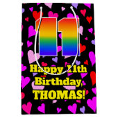 11誕生日：愛するハートパターン、虹# 11 ミディアムペーパーバッグ (正面)