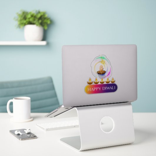 #11.ハッピーディワリインドの光のフェスティバル シール (デスク上のノートパソコン)