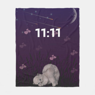 11:11 エンジェルナンバー かわいい猫 夜空 フリースブランケット
