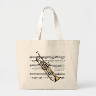 11 B w/Sheet音楽背景のトートバックはトランペットを吹きます ラージトートバッグ