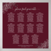 11 Table Silver on Burgundy Wedding Seating Chart ポスター (正面)