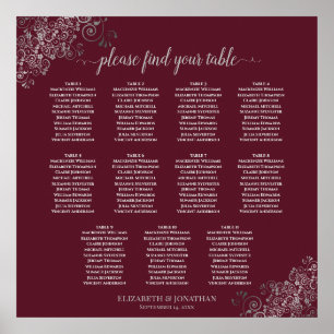 11 Table Silver on Burgundy Wedding Seating Chart ポスター