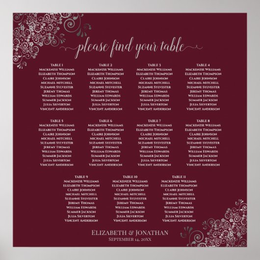 11 Table Silver on Burgundy Wedding Seating Chart ポスター (正面)