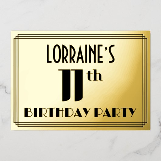 11th誕生日パーティー:アールデコの外観"11"と名前 箔招待状 (正面)