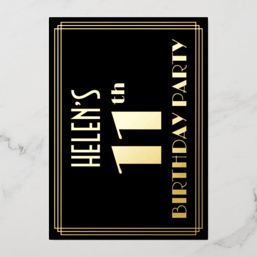 11th誕生日パーティー:アールデコ見る"11",名前と 箔招待状 (正面)