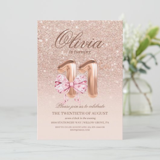 11th Birthday Chic Rose Pink Gold  Bow Birthday 招待状 (スタンド正面)