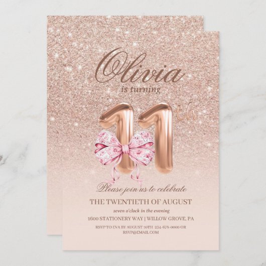11th Birthday Chic Rose Pink Gold Bow Birthday 招待状 (正面/裏面)