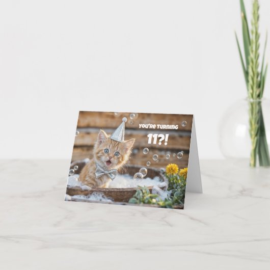 11th Birthday Cute and Funny Kitty in Bath Custom カード (正面)