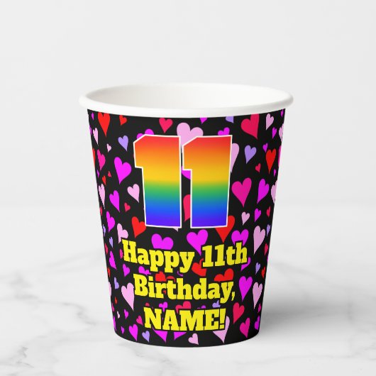 11th Birthday: Loving Hearts Pattern, Rainbow 11 紙コップ (正面)