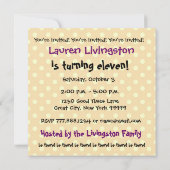 11th Birthday Partyパープル&ピーチ水玉模様 招待状 (裏面)