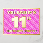 11th Birthday Party —おもしろいピンクのハートとストライプ 箔招待状 (正面)