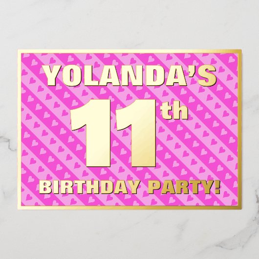 11th Birthday Party —おもしろいピンクのハートとストライプ 箔招待状 (正面)