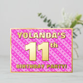 11th Birthday Party —おもしろいピンクのハートとストライプ 箔招待状 (立ち正面)