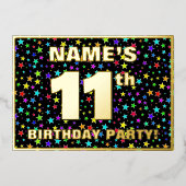 11th Birthday Party —おもしろい、スターカラフルズ・パターン 箔招待状 (正面)