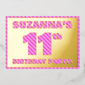 11th Birthday Party — はっきりした、おもしろい、ピンクストライプ色11 箔招待状 (正面)