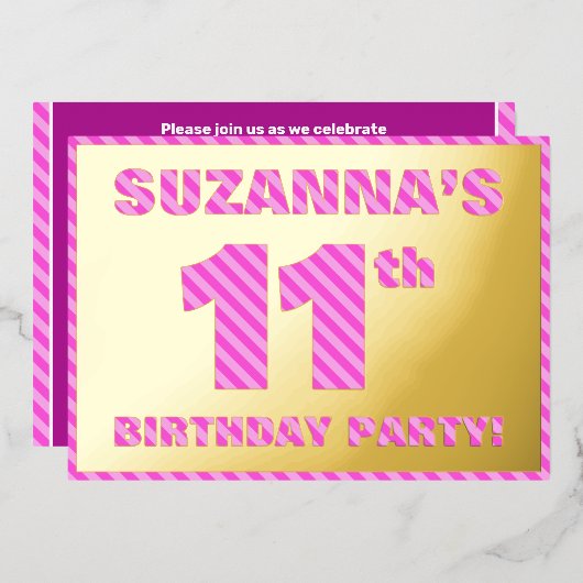 11th Birthday Party — はっきりした、おもしろい、ピンクストライプ色11 箔招待状 (正面/裏面)
