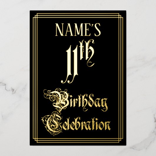 11th Birthday Party – スクリプファンシートと名前をカスタムする 箔招待状 (正面)