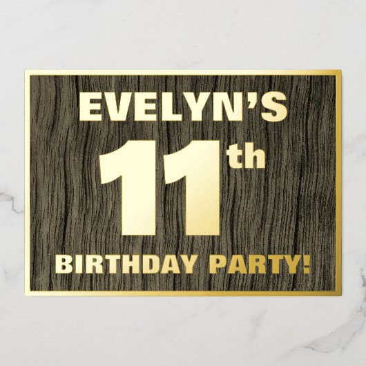 11th Birthday Party: Bold, Faux Wood Grain Pattern 箔招待状 (正面)