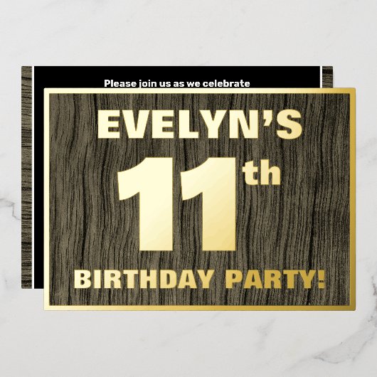 11th Birthday Party: Bold, Faux Wood Grain Pattern 箔招待状 (正面/裏面)