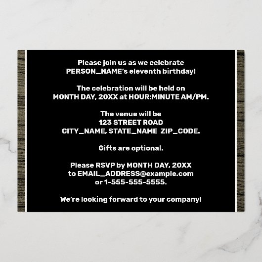 11th Birthday Party: Bold, Faux Wood Grain Pattern 箔招待状 (裏面)
