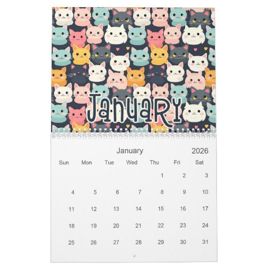 12かわいい猫シームレスなパターンデザイン カレンダー (1月 2026)