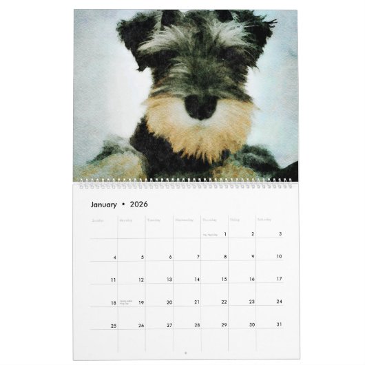 12か月の愛らしいシュナウツァーは水彩画の芸術の後をつけます カレンダー (1月 2026)