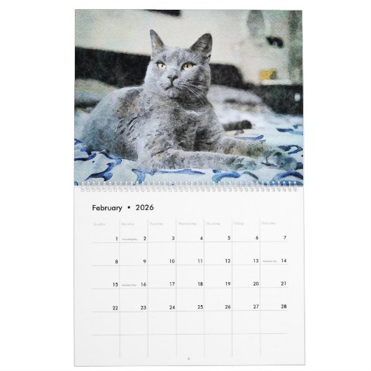 12か月の豪華でロシアのな青猫の水彩画の芸術 カレンダー (2月 2026)