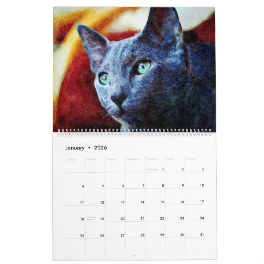 12か月の豪華でロシアのな青猫の水彩画の芸術 カレンダー (1月 2026)