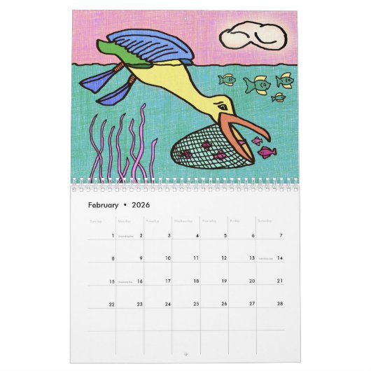 12か月カレンダーの子供っぽいスタイルスケッチ カレンダー (2月 2026)