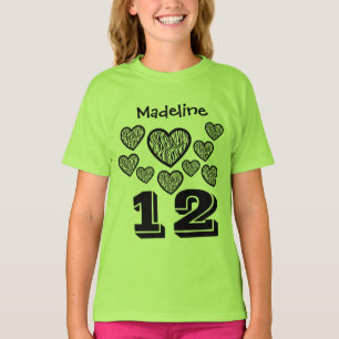 12の誕生日の女の子のハート大きい数名前をカスタムするQ05 Tシャツ