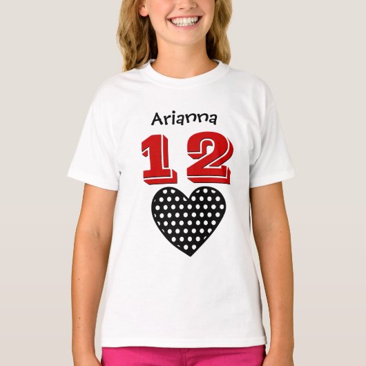 12の誕生日の女の子の大きいハートの名前をカスタムするV04 Tシャツ (正面)