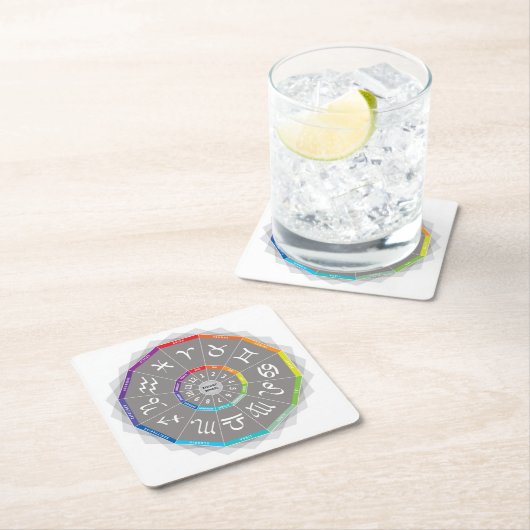 12の(占星術の)十二宮図のシンボルや象徴のAstroの車輪の多彩の虹 スクエアペーパーコースター (インサイチュ)