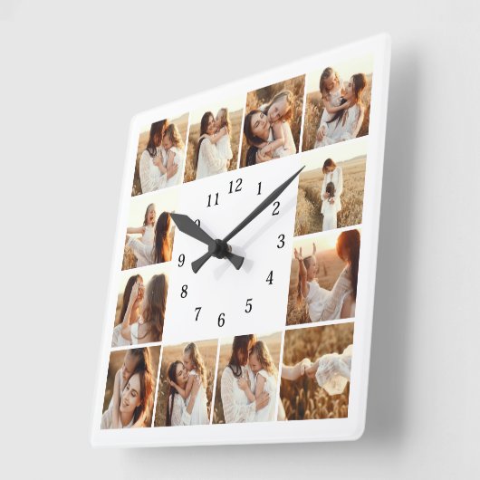 12エレガントモダン枚フォトコラージュ記念カップ スクエア壁時計 (傾斜)