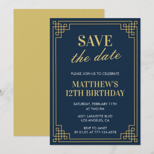12エレガント歳の誕生日の招待Boy日付を保存 招待状 (正面/裏面)