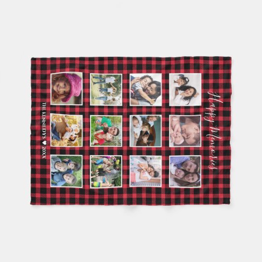 12カスタムファミリーフォトコラージュレッドバッファロープレイド フリースブランケット (正面(横))