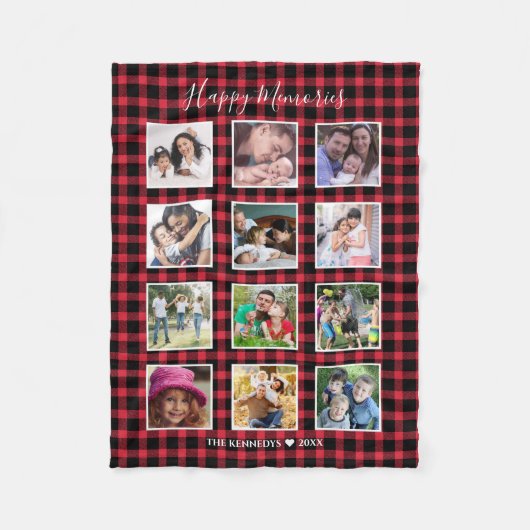 12カスタムファミリーフォトコラージュレッドバッファロープレイド フリースブランケット (正面)