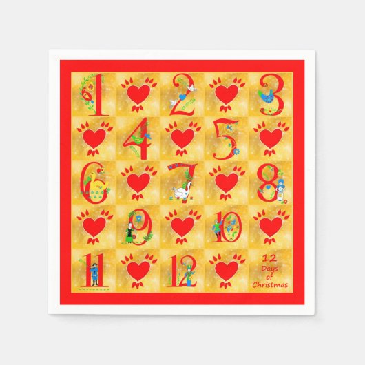 12クリスマスフォークアートの日と金ゴールドのハート スタンダードカクテルナプキン (正面)