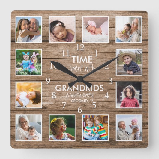 12グランドキッズと過ごしたフォトコラージュ引用文 スクエア壁時計 (正面)