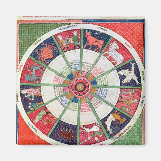 12シンボルや象徴の〔占星術の〕十二宮図と太陽 マグネット (正面)