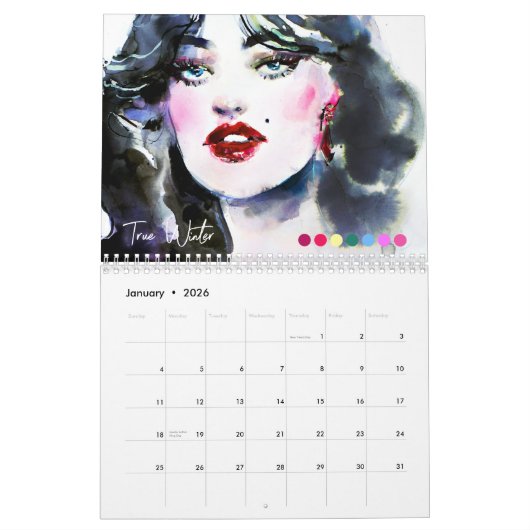 12シーズン型の季節色分析芸術 カレンダー (1月 2026)