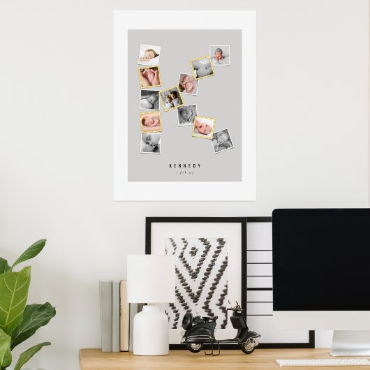 12スナップショットフォトコラージュベビー名モノグラムK 箔ポスター (インサイチュ (デスク))