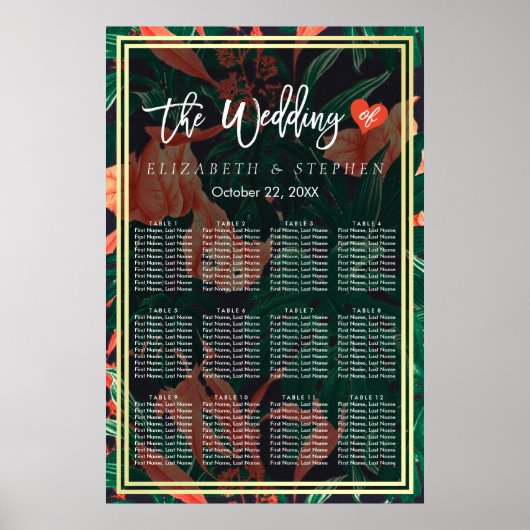 12テーブル座席図熱帯フローラ金ゴールドフレーム ポスター (正面)