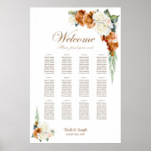 12テーブル焼けオレンジ色の白いフローラシーティングチャート ポスター (正面)